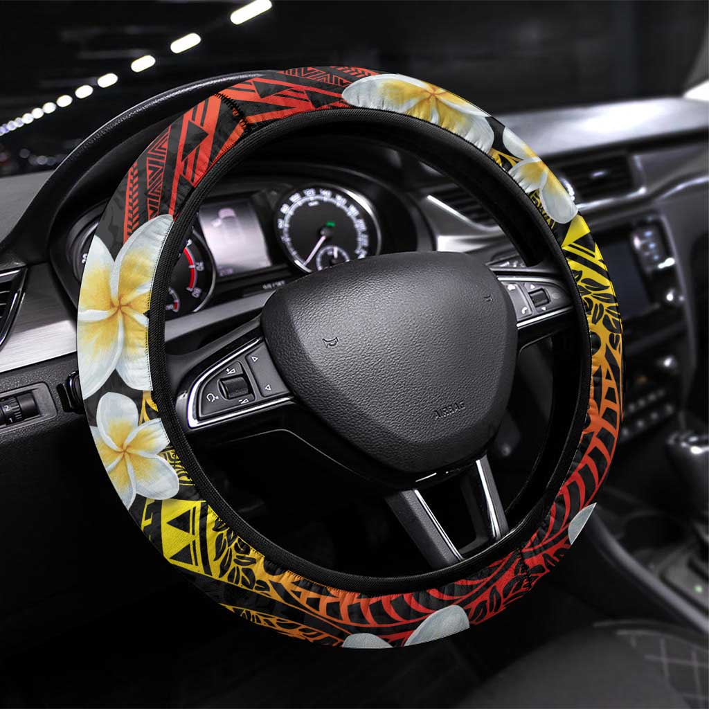 Plumeria Steering Wheel Cover Polynesian Tribal Frangipani Sunset LT03 Universal Fit Black - Polynesian Pride