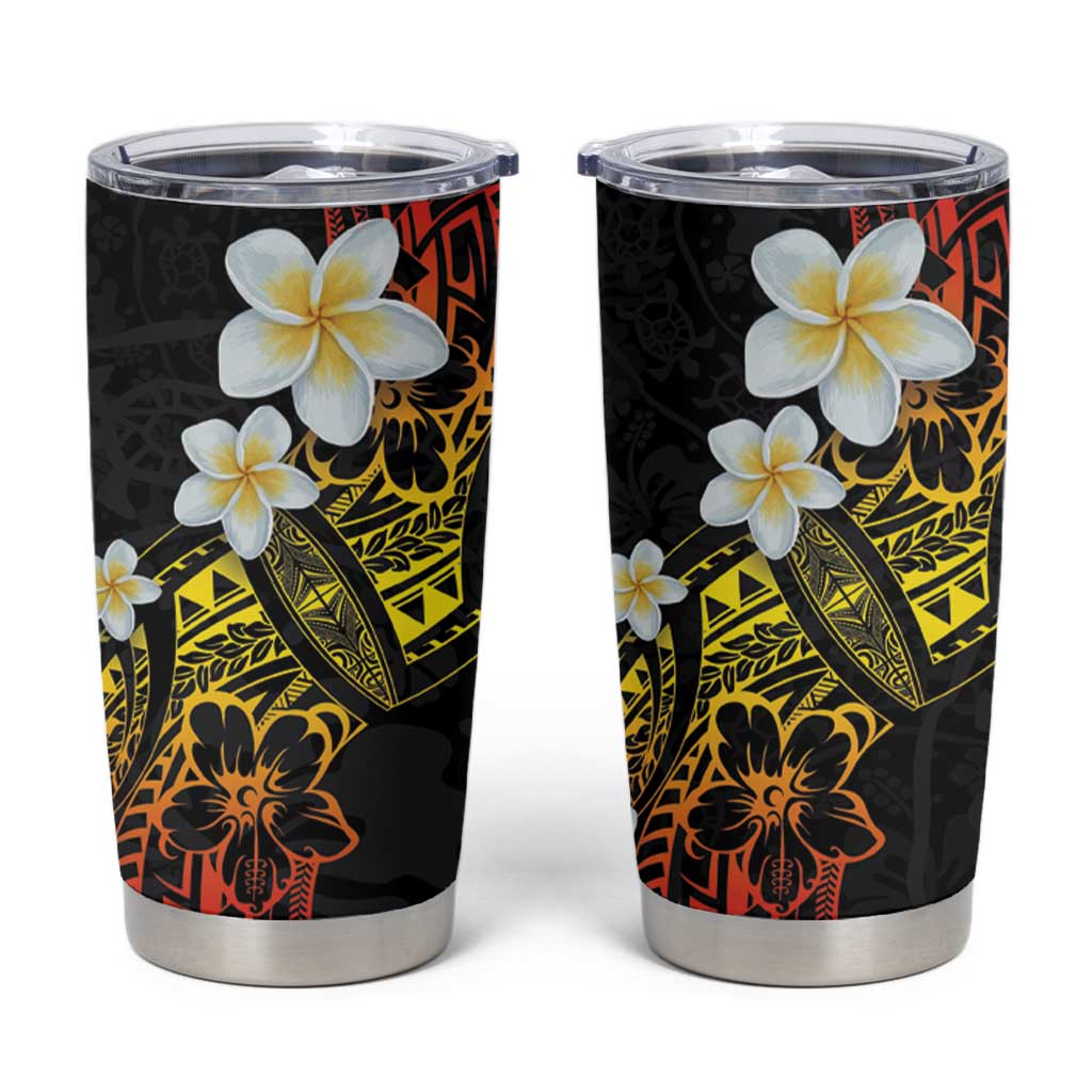 Polynesian Tattoos Frangipani Tumbler Cup Hibiscus Turtles and Tribal Motifs Vintage Floral - Sunset Color LT03 Black - Polynesian Pride