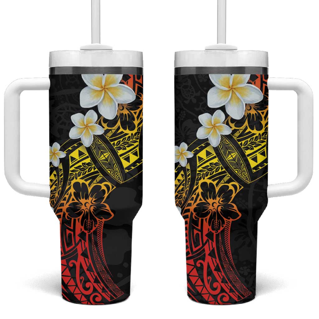 Polynesian Tattoos Frangipani Tumbler With Handle Hibiscus Turtles and Tribal Motifs Vintage Floral - Sunset Color LT03 One Size: 40 oz Black - Polynesian Pride