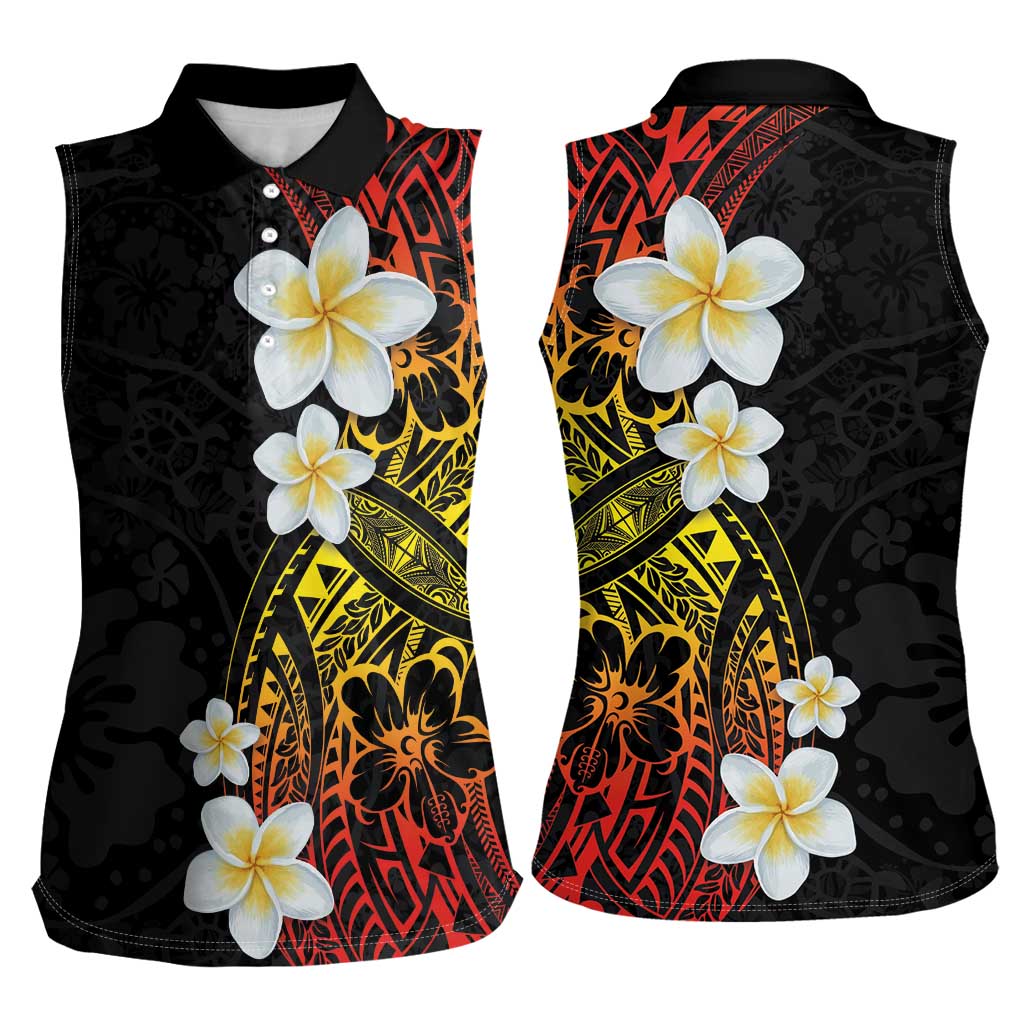 Plumeria Women Sleeveless Polo Shirt Polynesian Tribal Frangipani Sunset