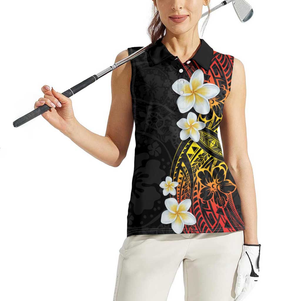 Plumeria Women Sleeveless Polo Shirt Polynesian Tribal Frangipani Sunset