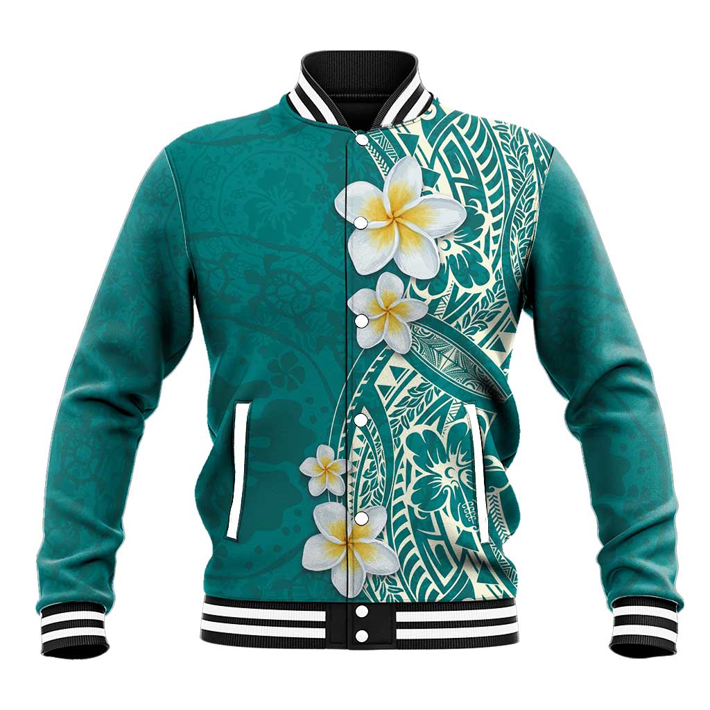 Plumeria Baseball Jacket Polynesian Tribal Frangipani Teal