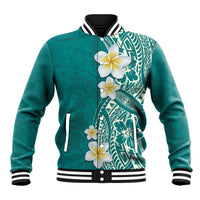 Plumeria Baseball Jacket Polynesian Tribal Frangipani Teal