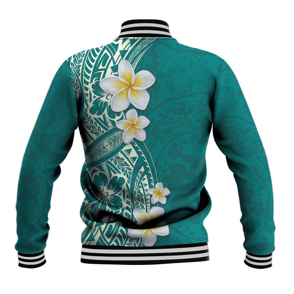 Plumeria Baseball Jacket Polynesian Tribal Frangipani Teal