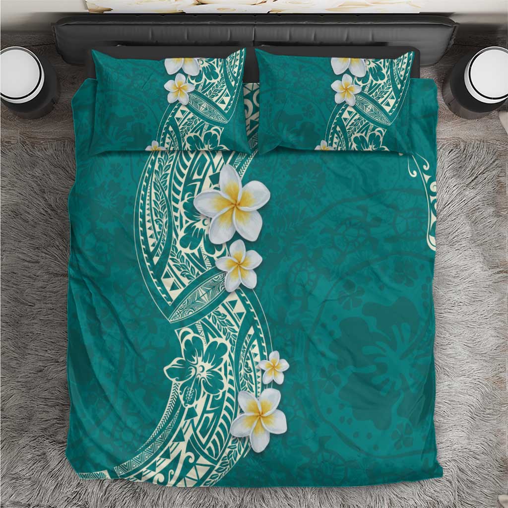 Plumeria Bedding Set Polynesian Tribal Frangipani Teal