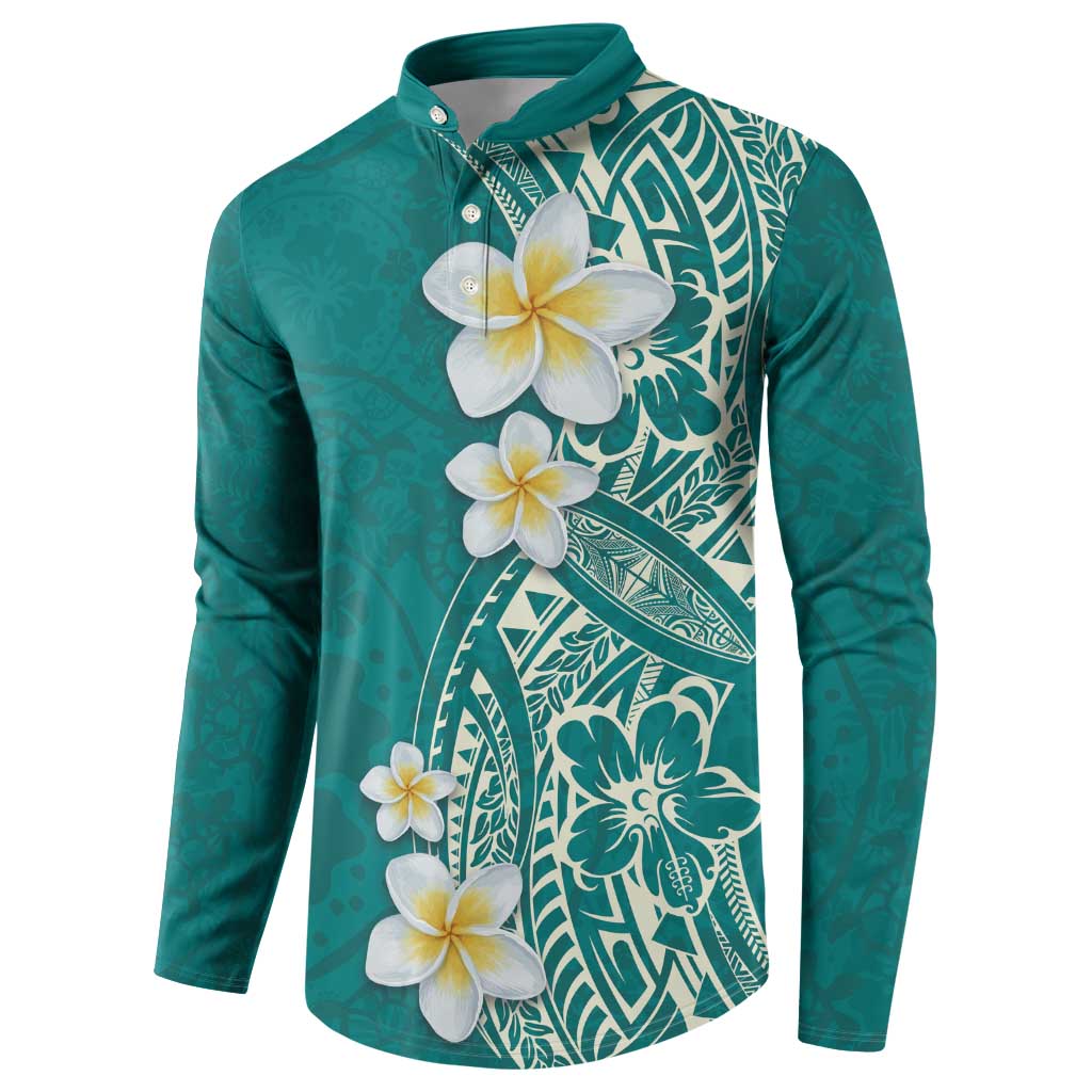 Plumeria Button Sweatshirt Polynesian Tribal Frangipani Teal LT03 - Polynesian Pride