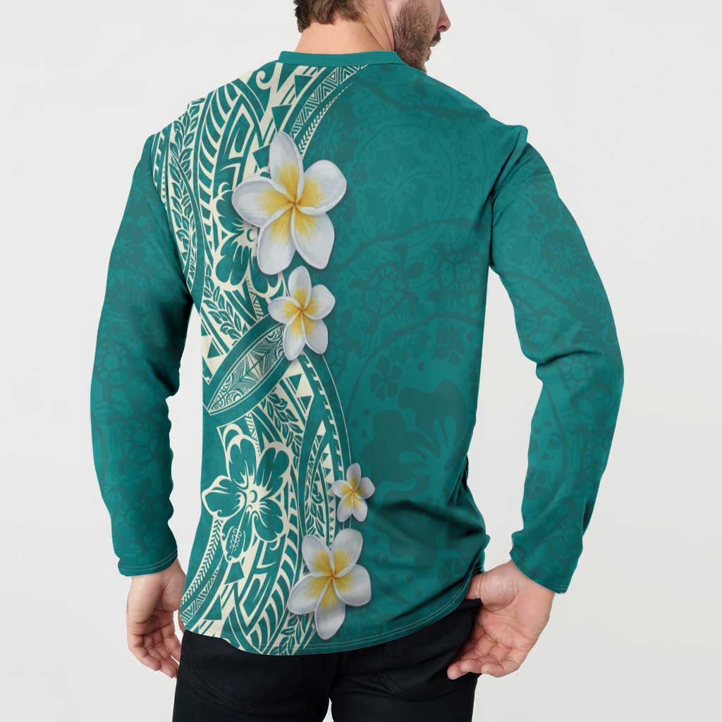 Plumeria Button Sweatshirt Polynesian Tribal Frangipani Teal LT03 - Polynesian Pride