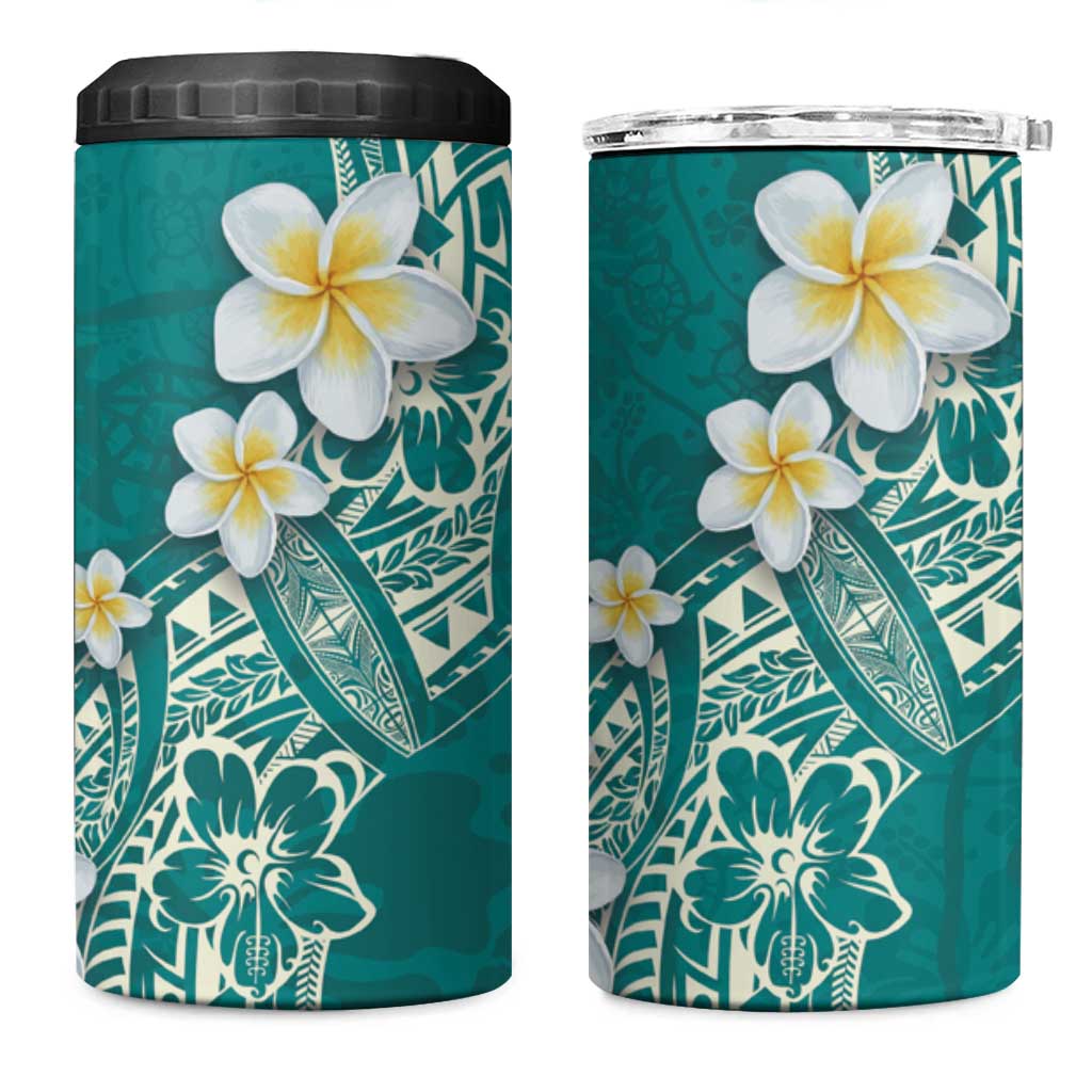 Polynesian Tattoos Frangipani 4 in 1 Can Cooler Tumbler Hibiscus Turtles and Tribal Motifs Vintage Floral - Teal Color