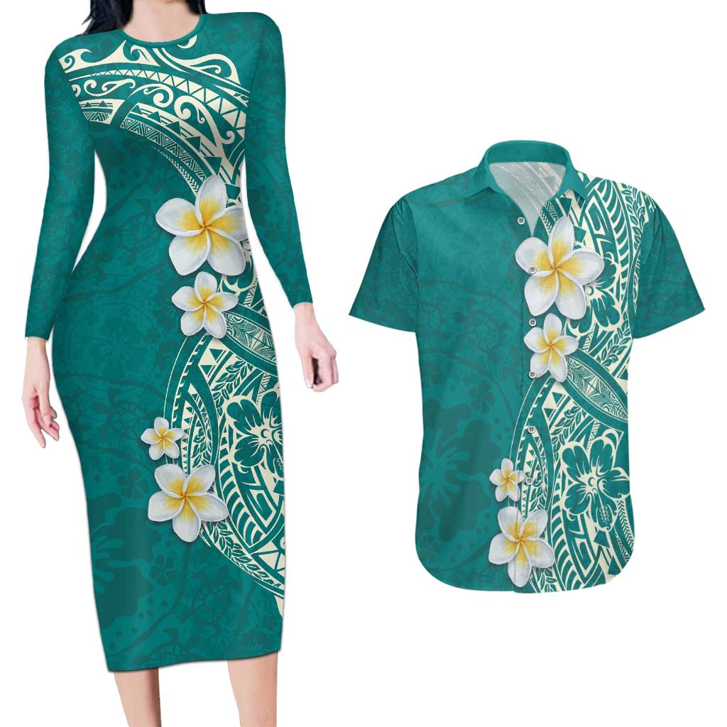 Plumeria Couples Matching Long Sleeve Bodycon Dress and Hawaiian Shirt Polynesian Tribal Frangipani Teal