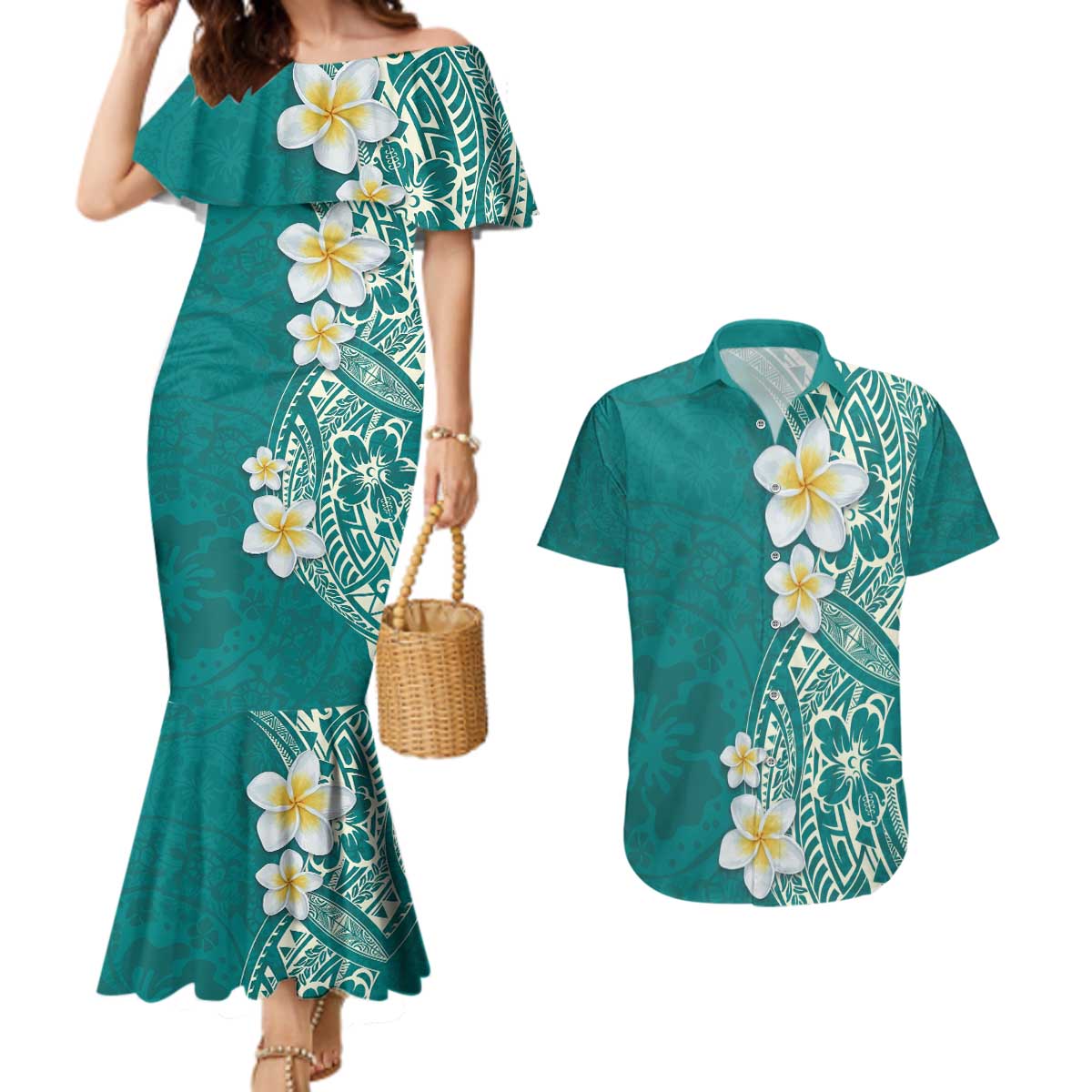 Plumeria Couples Matching Mermaid Dress and Hawaiian Shirt Polynesian Tribal Frangipani Teal