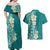 Plumeria Couples Matching Off Shoulder Maxi Dress and Hawaiian Shirt Polynesian Tribal Frangipani Teal