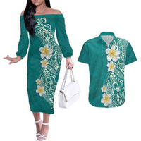 Plumeria Couples Matching Off The Shoulder Long Sleeve Dress and Hawaiian Shirt Polynesian Tribal Frangipani Teal