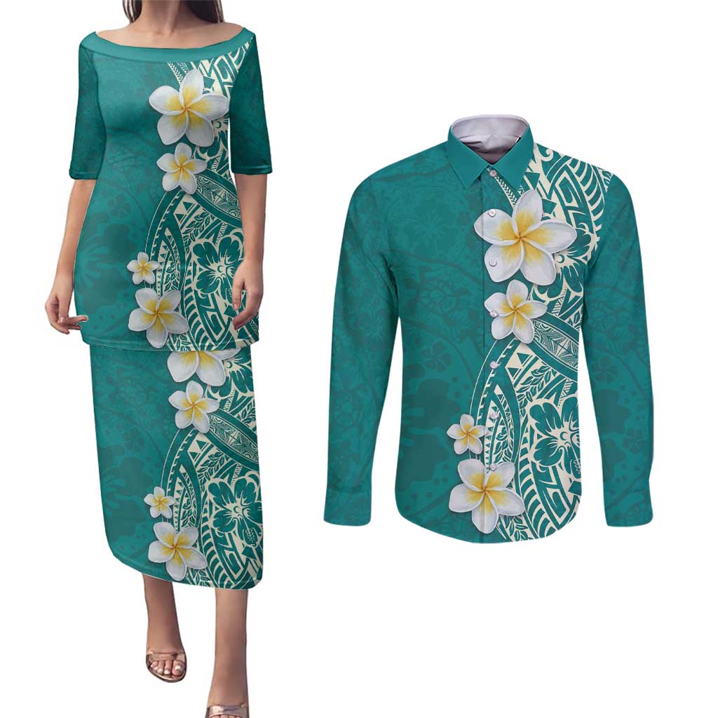 Plumeria Couples Matching Puletasi and Long Sleeve Button Shirt Polynesian Tribal Frangipani Teal LT03 Teal - Polynesian Pride