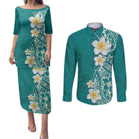 Plumeria Couples Matching Puletasi and Long Sleeve Button Shirt Polynesian Tribal Frangipani Teal LT03 Teal - Polynesian Pride
