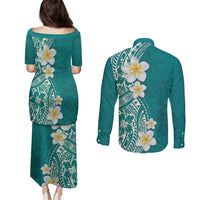 Plumeria Couples Matching Puletasi and Long Sleeve Button Shirt Polynesian Tribal Frangipani Teal LT03 - Polynesian Pride