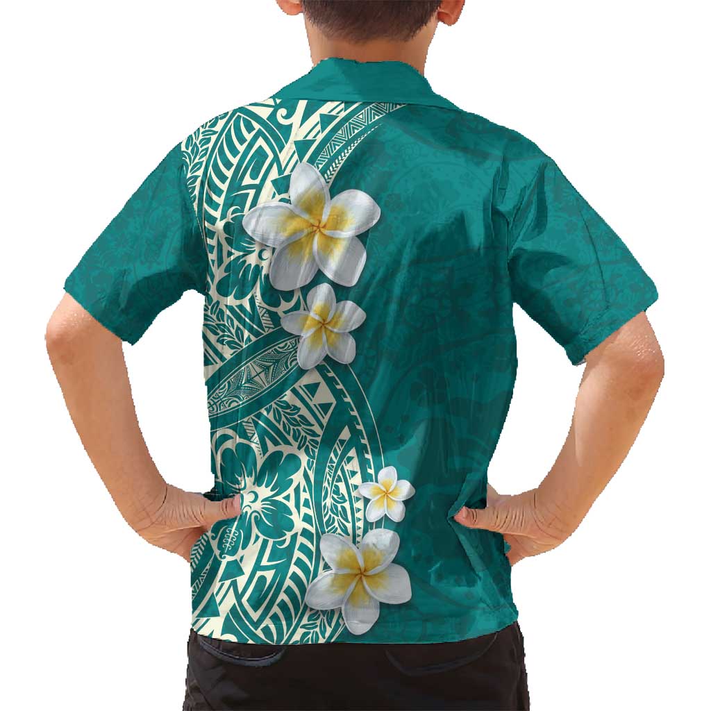 Plumeria Family Matching Long Sleeve Bodycon Dress and Hawaiian Shirt Polynesian Tribal Frangipani Teal