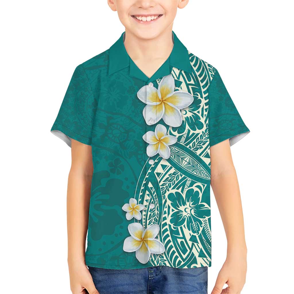 Plumeria Family Matching Long Sleeve Bodycon Dress and Hawaiian Shirt Polynesian Tribal Frangipani Teal