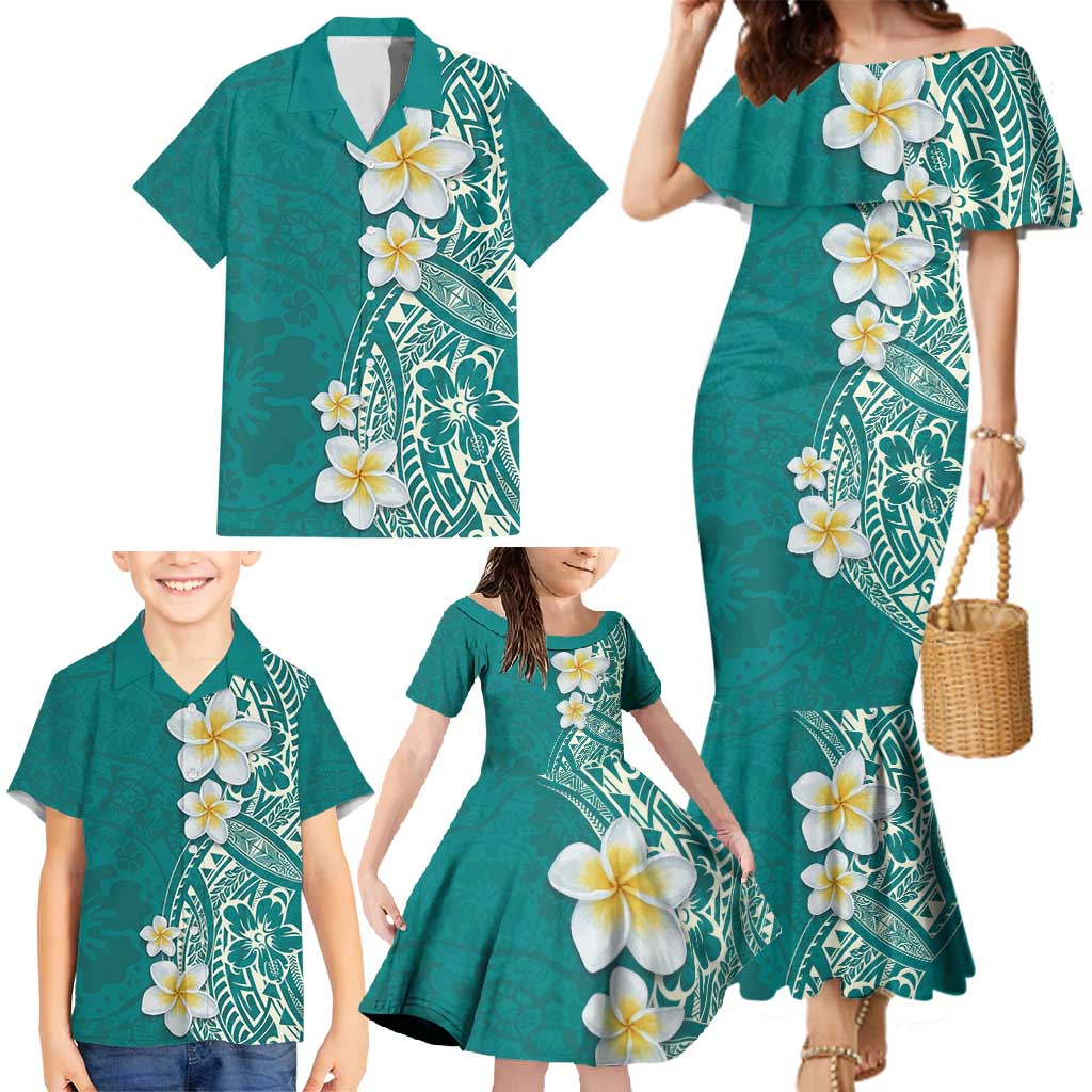 Plumeria Family Matching Mermaid Dress and Hawaiian Shirt Polynesian Tribal Frangipani Teal