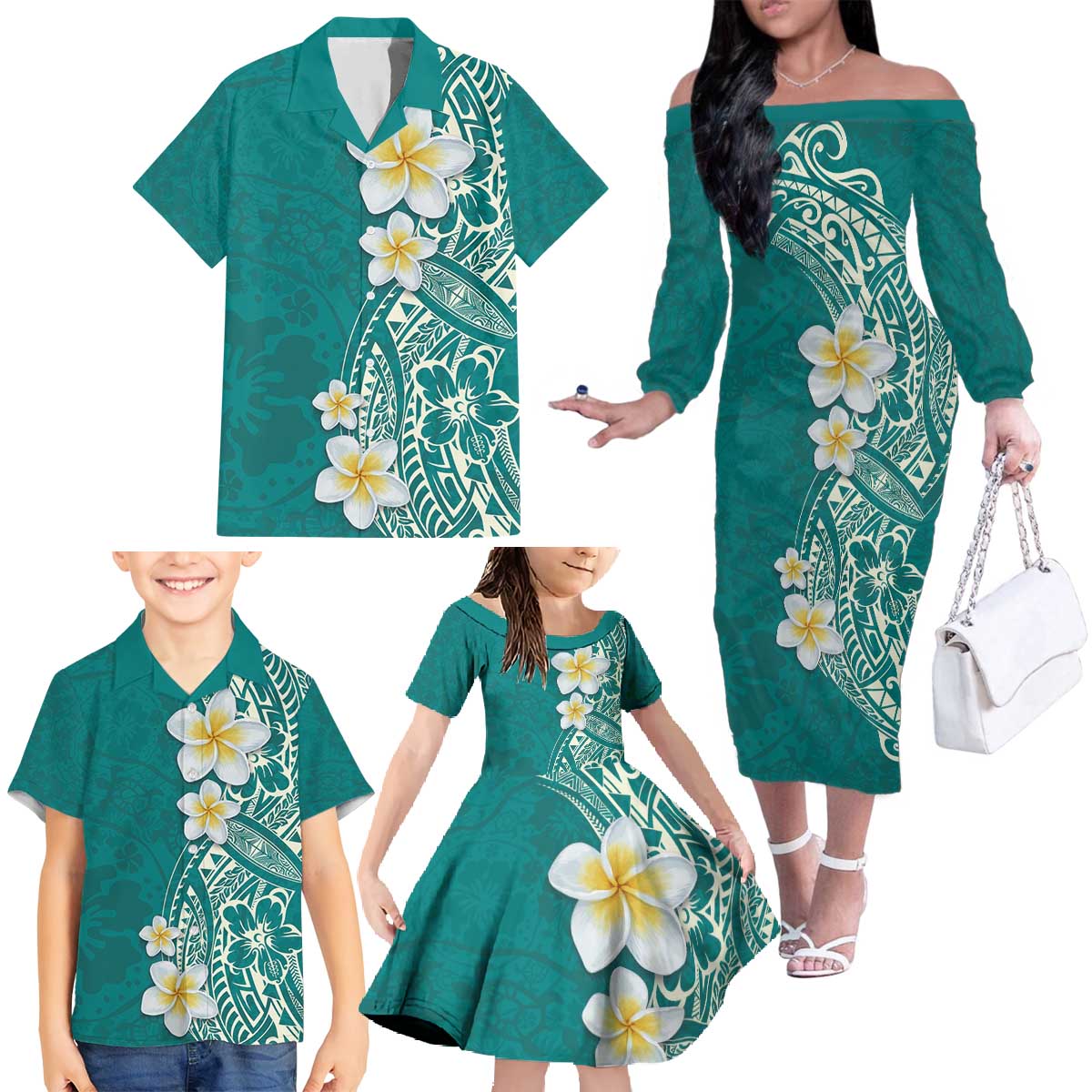 Plumeria Family Matching Off The Shoulder Long Sleeve Dress and Hawaiian Shirt Polynesian Tribal Frangipani Teal