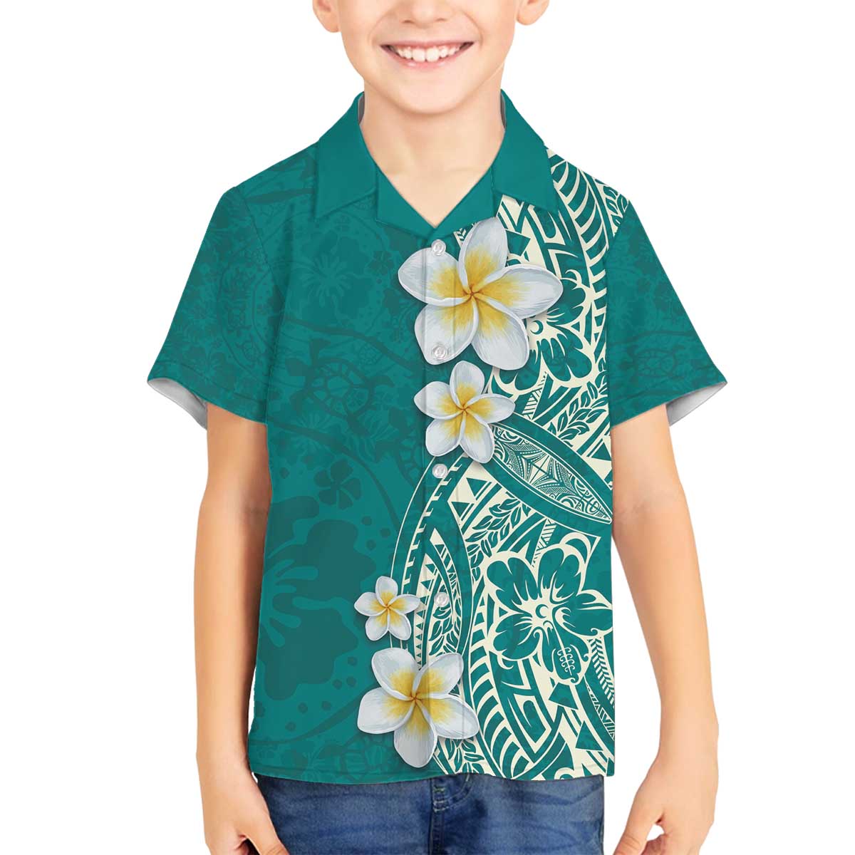 Plumeria Family Matching Off The Shoulder Long Sleeve Dress and Hawaiian Shirt Polynesian Tribal Frangipani Teal