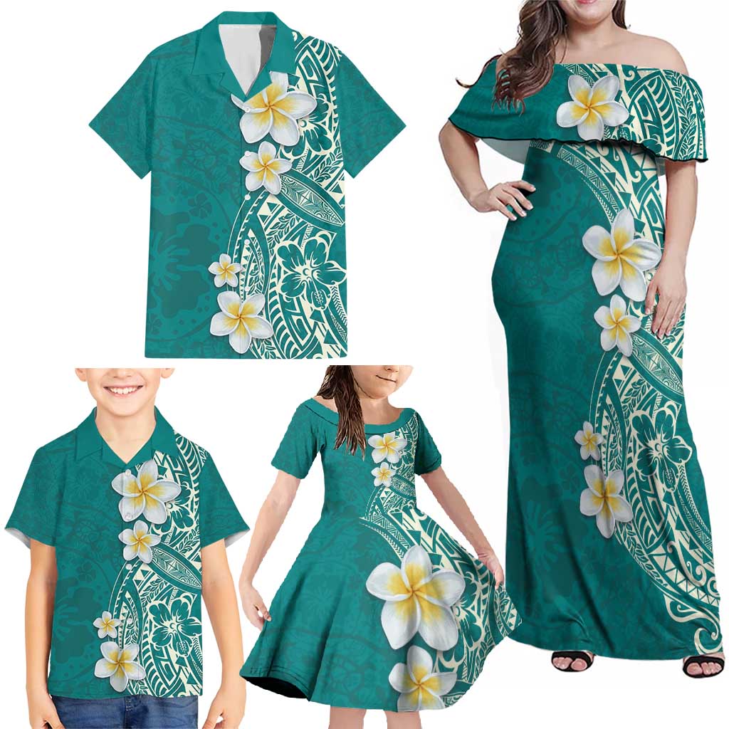 Plumeria Family Matching Off Shoulder Maxi Dress and Hawaiian Shirt Polynesian Tribal Frangipani Teal