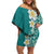 Plumeria Family Matching Off Shoulder Short Dress and Hawaiian Shirt Polynesian Tribal Frangipani Teal