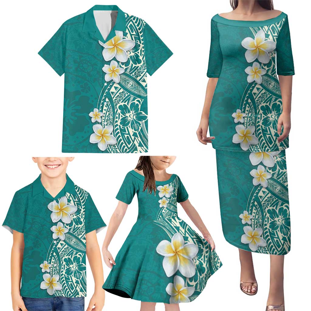 Plumeria Family Matching Puletasi and Hawaiian Shirt Polynesian Tribal Frangipani Teal