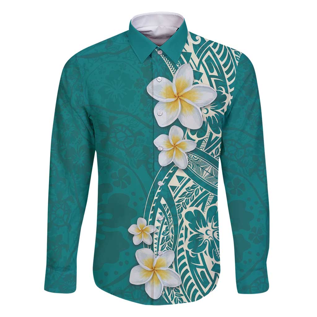 Plumeria Family Matching Tank Maxi Dress and Hawaiian Shirt Polynesian Tribal Frangipani Teal LT03 Dad's Shirt - Long Sleeve Teal - Polynesian Pride