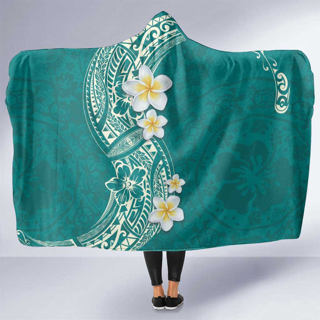 Plumeria Hooded Blanket Polynesian Tribal Frangipani Teal