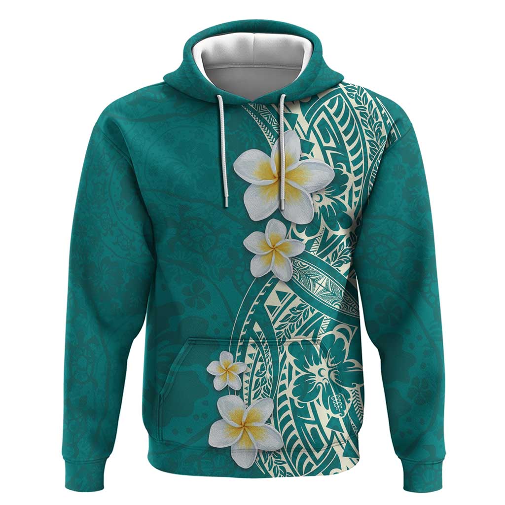 Plumeria Hoodie Polynesian Tribal Frangipani Teal