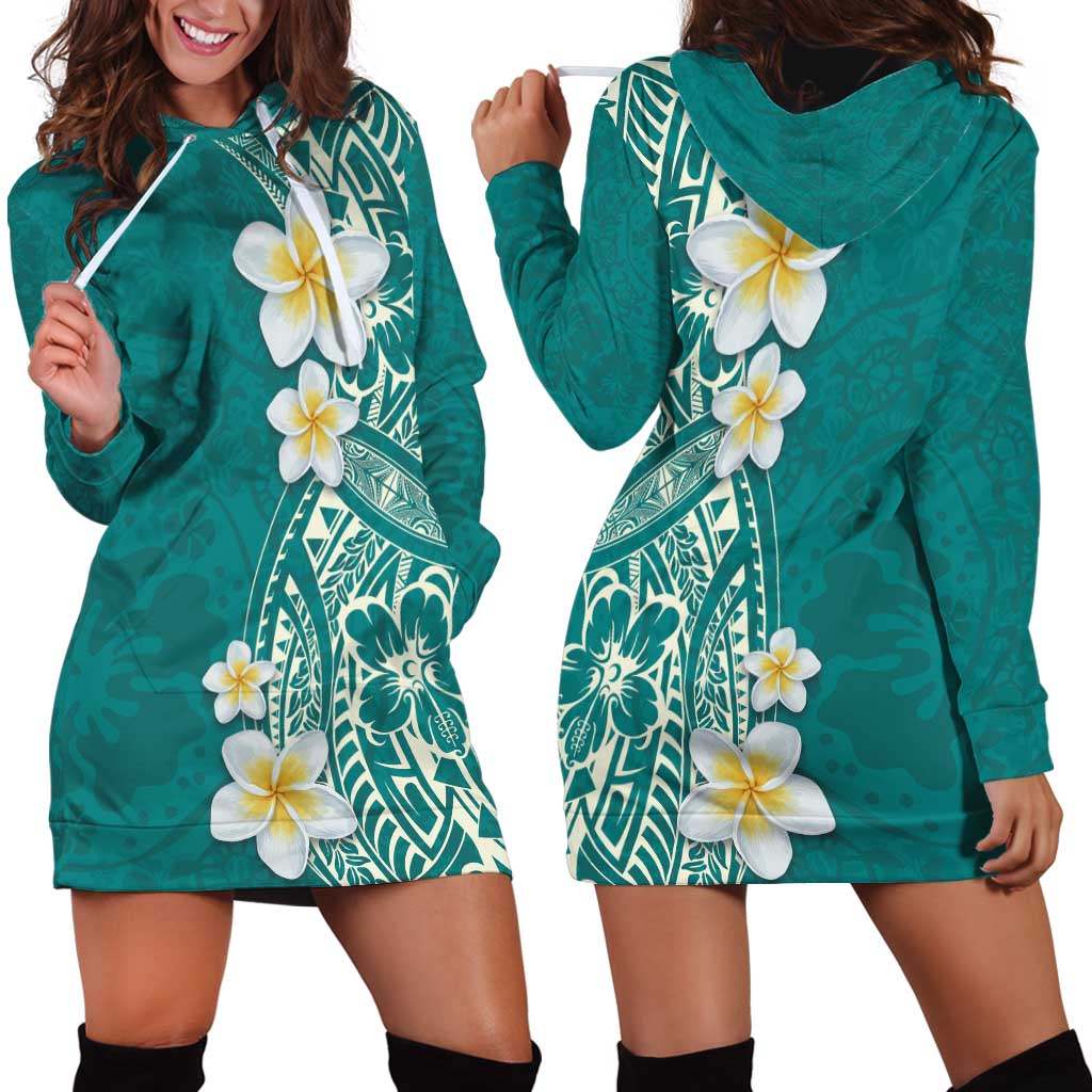 Plumeria Hoodie Dress Polynesian Tribal Frangipani Teal LT03 - Polynesian Pride
