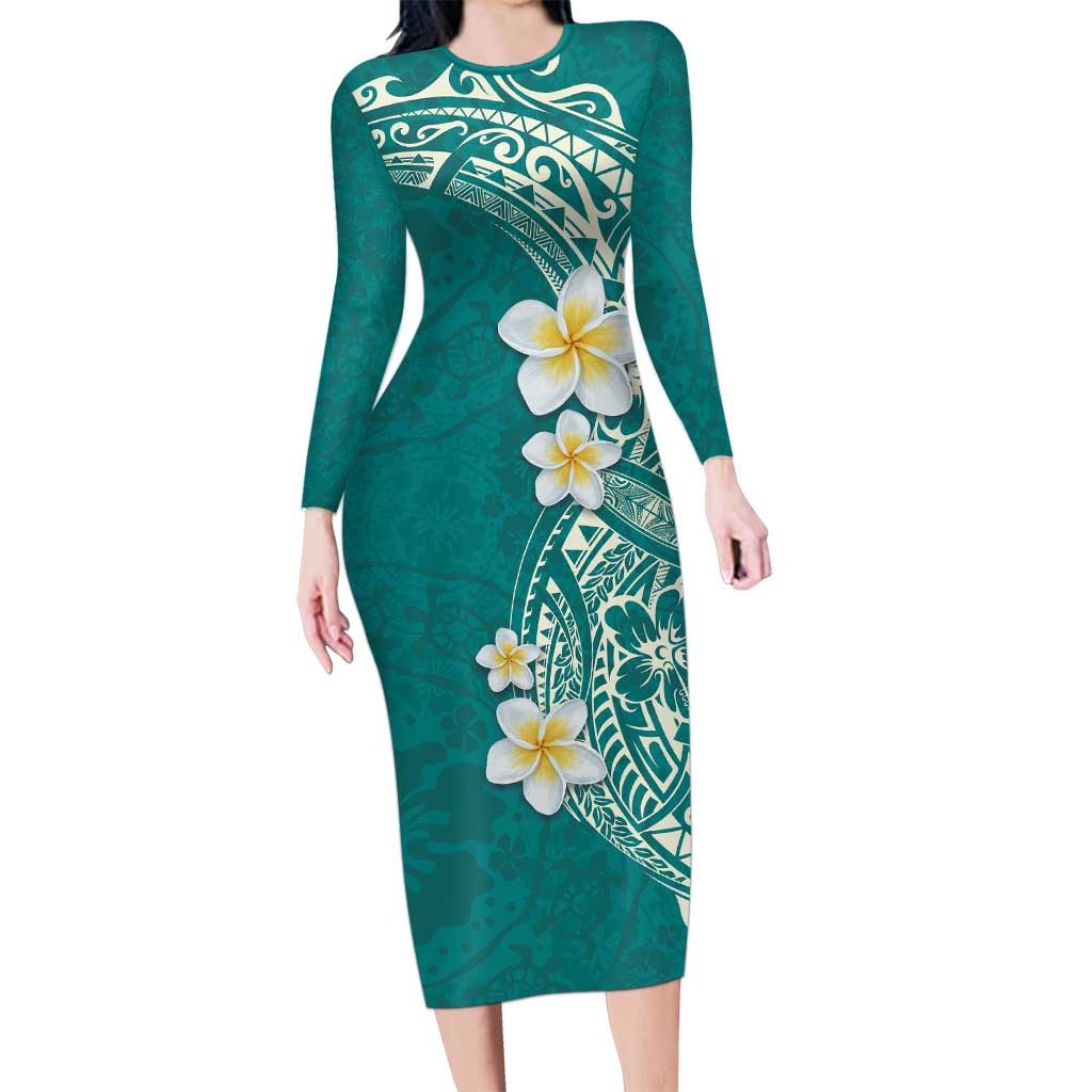 Plumeria Long Sleeve Bodycon Dress Polynesian Tribal Frangipani Teal