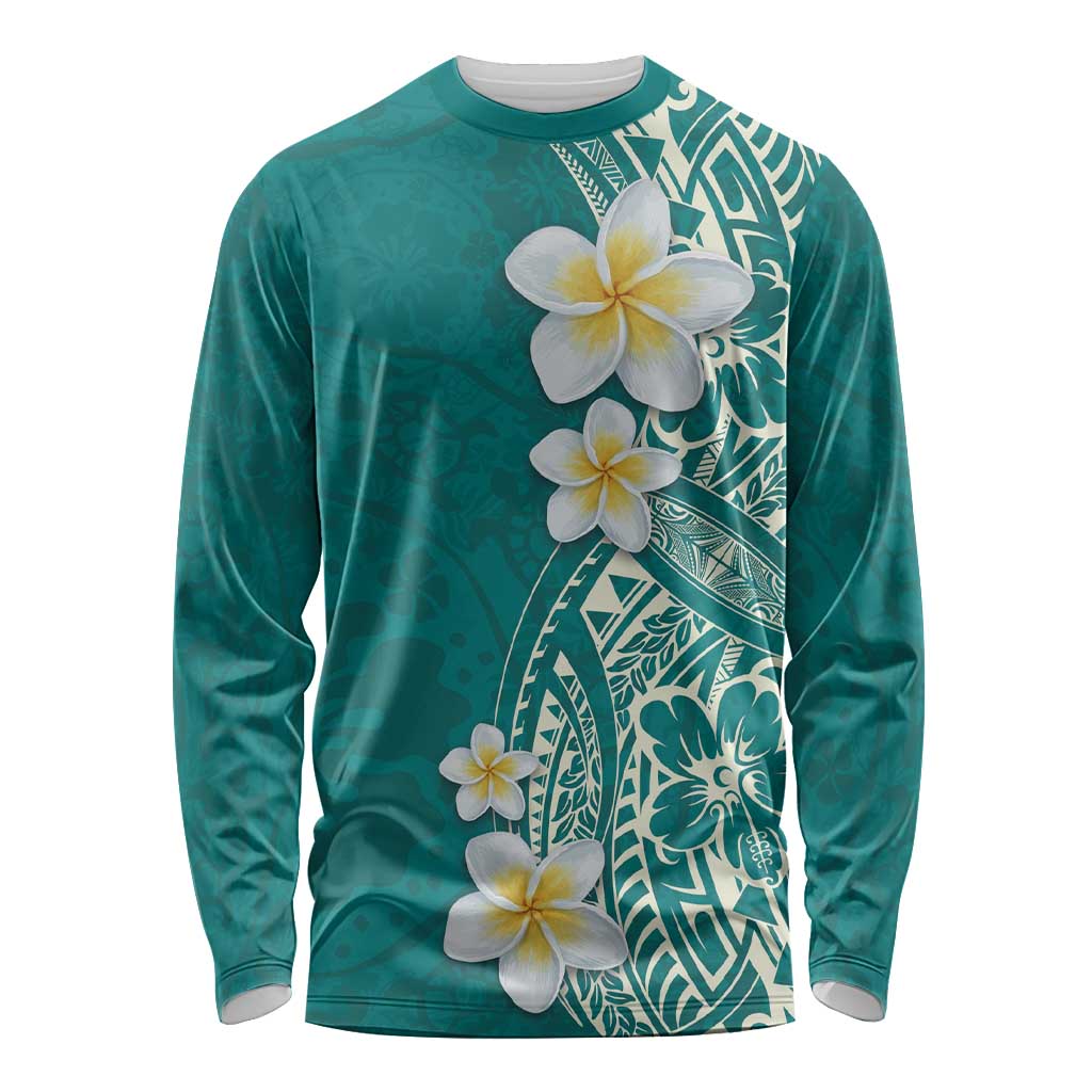 Plumeria Long Sleeve Shirt Polynesian Tribal Frangipani Teal