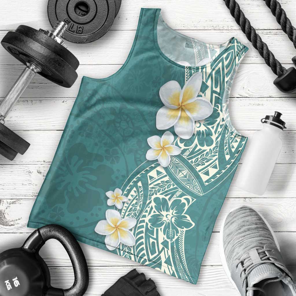 Plumeria Men Tank Top Polynesian Tribal Frangipani Teal LT03 - Polynesian Pride