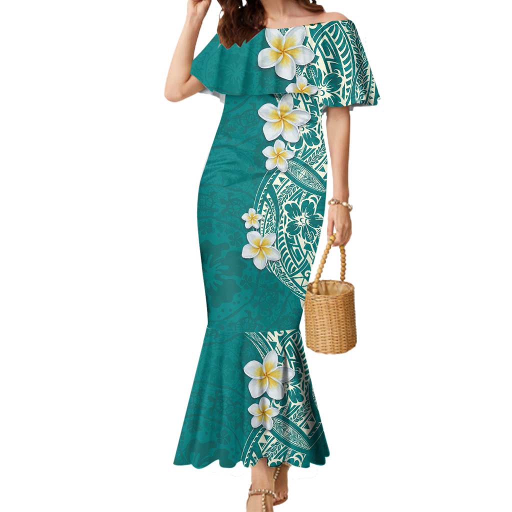 Plumeria Mermaid Dress Polynesian Tribal Frangipani Teal