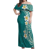 Plumeria Off Shoulder Maxi Dress Polynesian Tribal Frangipani Teal LT03 Women Teal - Polynesian Pride