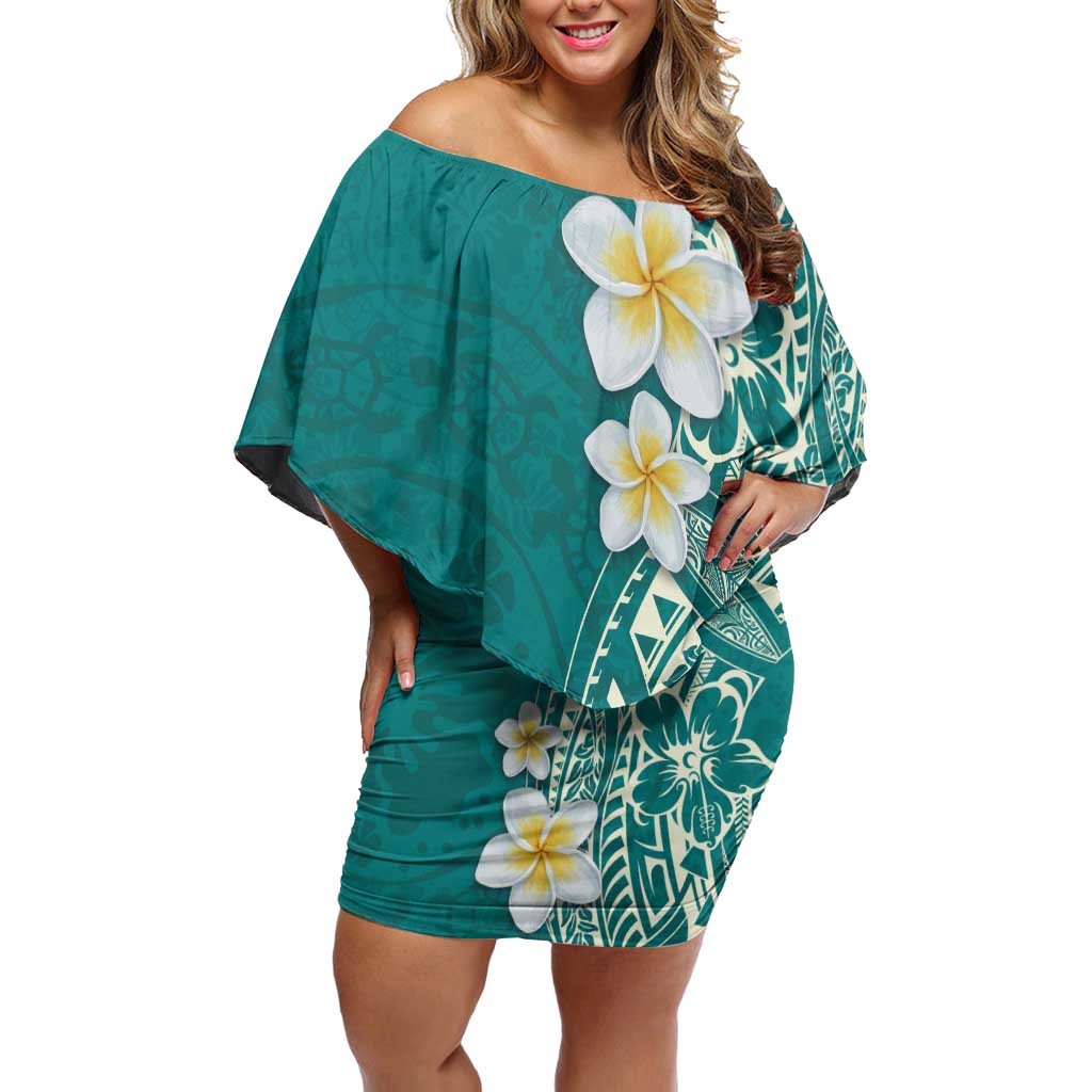 Plumeria Off Shoulder Short Dress Polynesian Tribal Frangipani Teal LT03 Women Teal - Polynesian Pride
