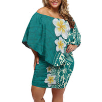Plumeria Off Shoulder Short Dress Polynesian Tribal Frangipani Teal LT03 Women Teal - Polynesian Pride