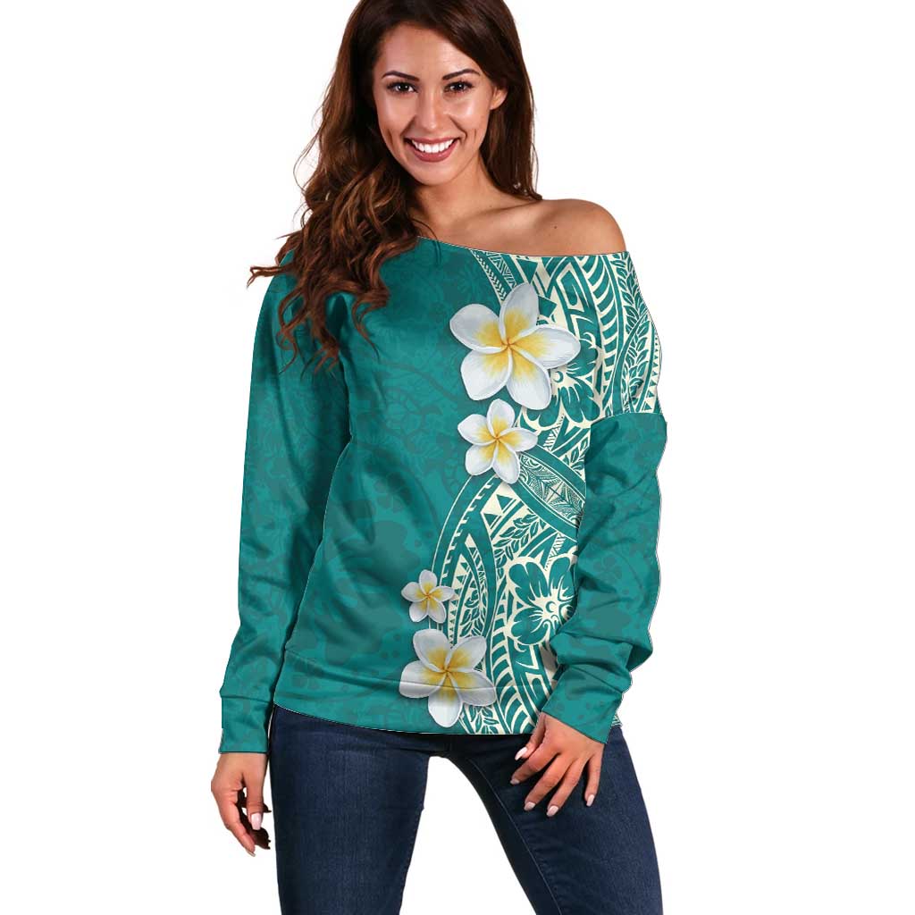 Plumeria Off Shoulder Sweater Polynesian Tribal Frangipani Teal