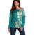 Plumeria Off Shoulder Sweater Polynesian Tribal Frangipani Teal