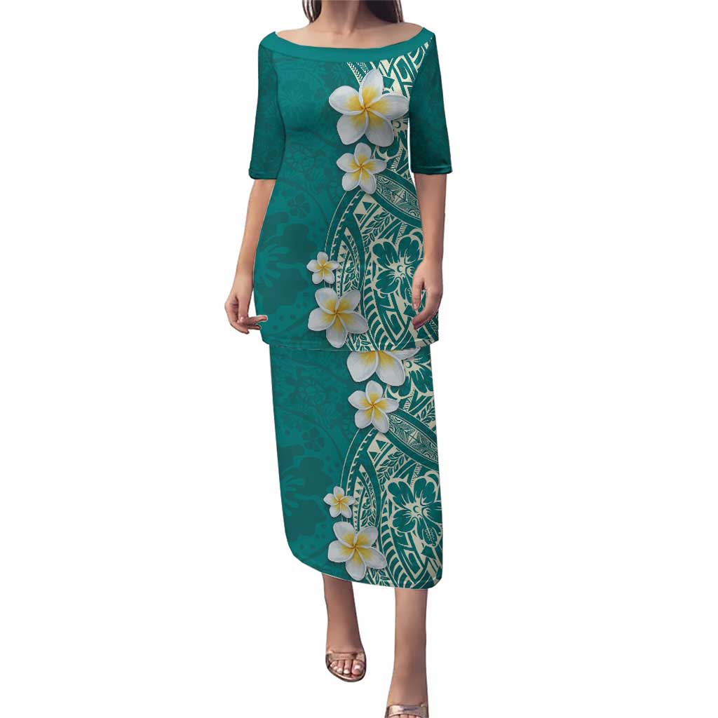 Plumeria Puletasi Polynesian Tribal Frangipani Teal LT03 Long Dress Teal - Polynesian Pride