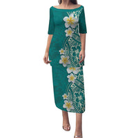 Plumeria Puletasi Polynesian Tribal Frangipani Teal LT03 Long Dress Teal - Polynesian Pride
