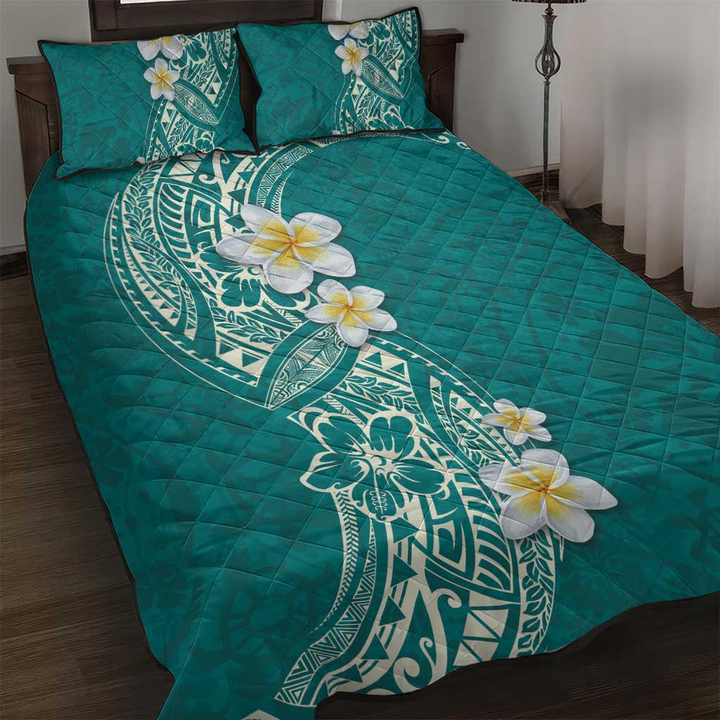 Plumeria Quilt Bed Set Polynesian Tribal Frangipani Teal