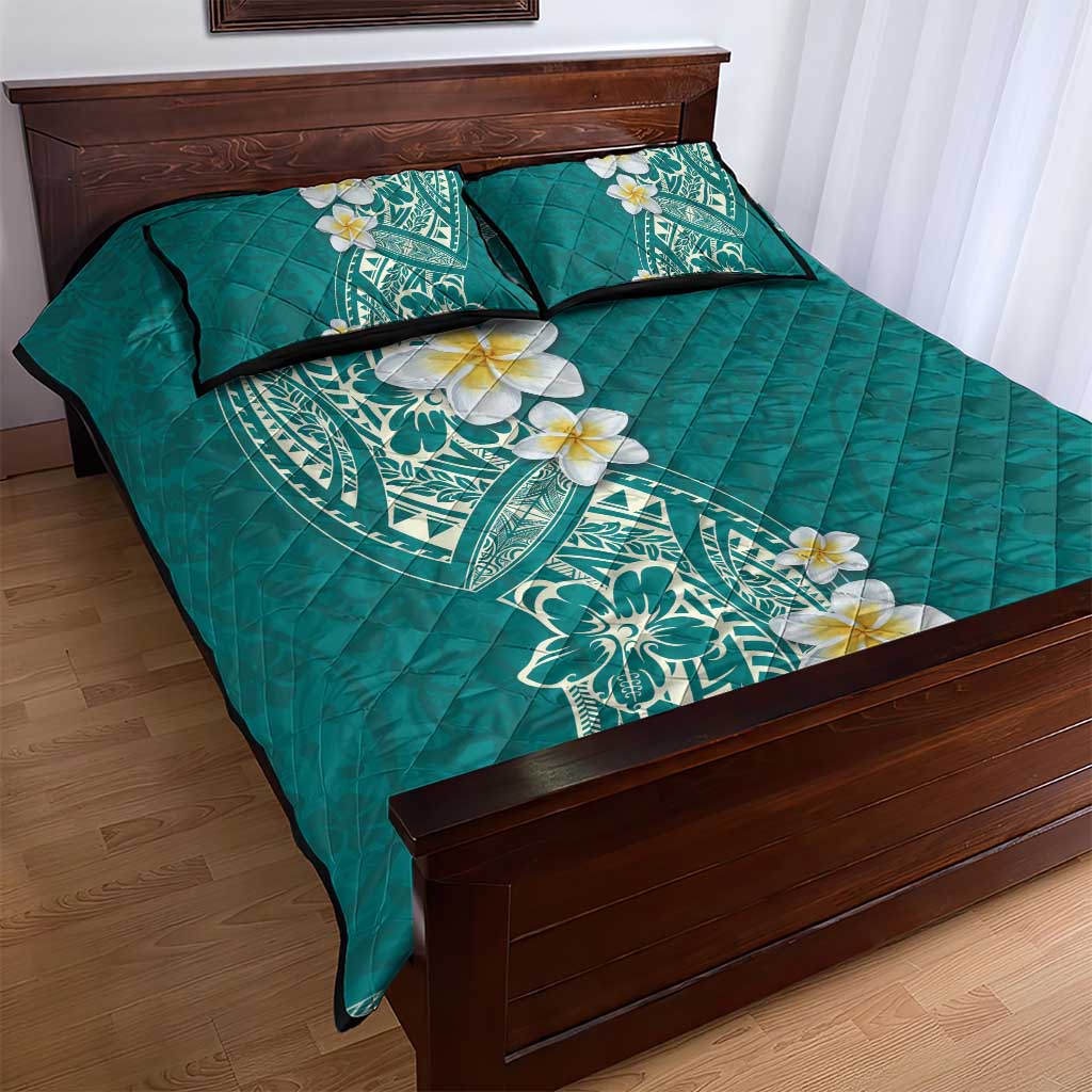 Plumeria Quilt Bed Set Polynesian Tribal Frangipani Teal LT03 - Polynesian Pride