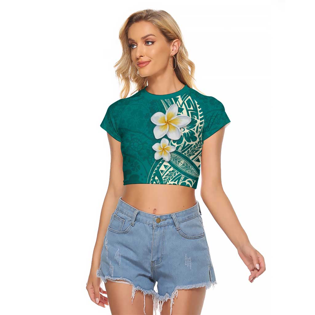 Plumeria Raglan Cropped T Shirt Polynesian Tribal Frangipani Teal LT03 Female Teal - Polynesian Pride