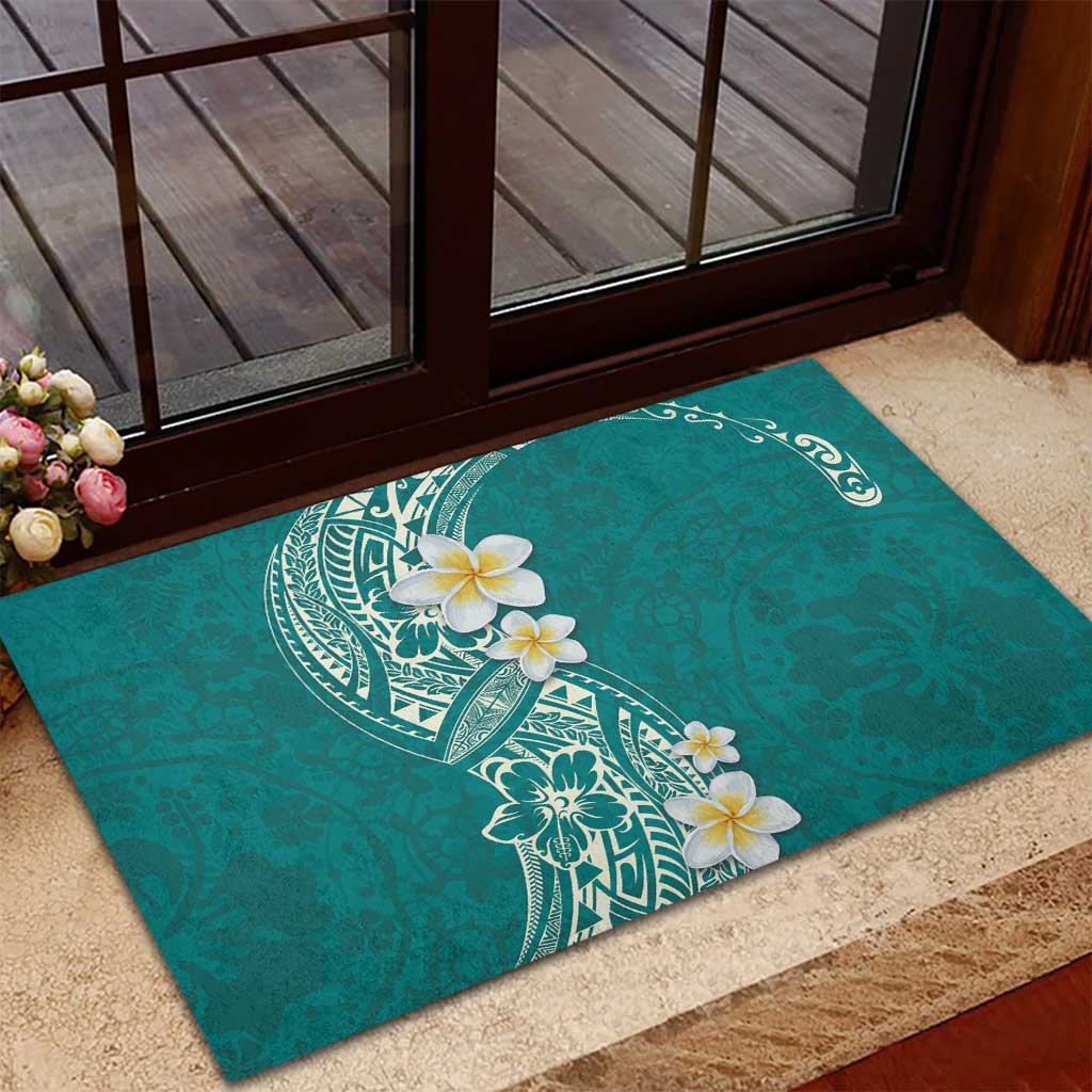 Plumeria Rubber Doormat Polynesian Tribal Frangipani Teal