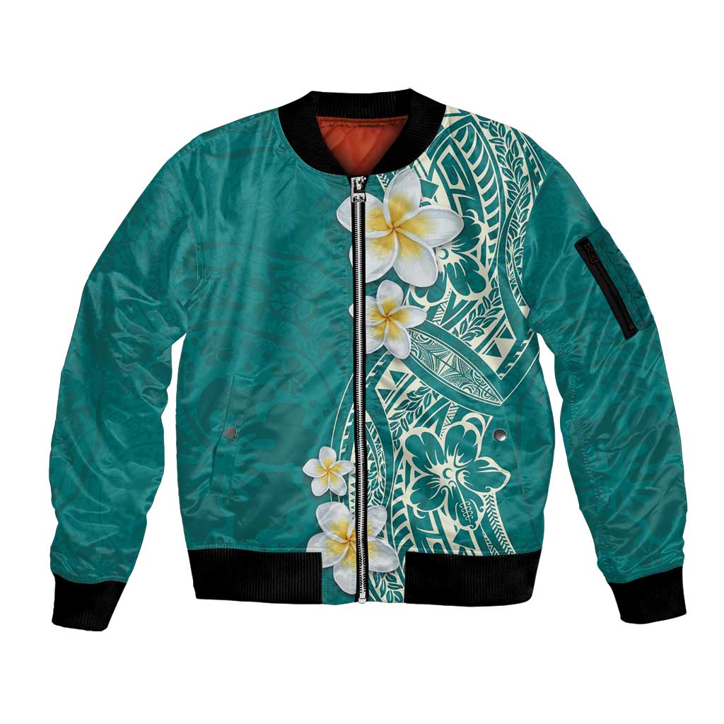 Plumeria Sleeve Zip Bomber Jacket Polynesian Tribal Frangipani Teal