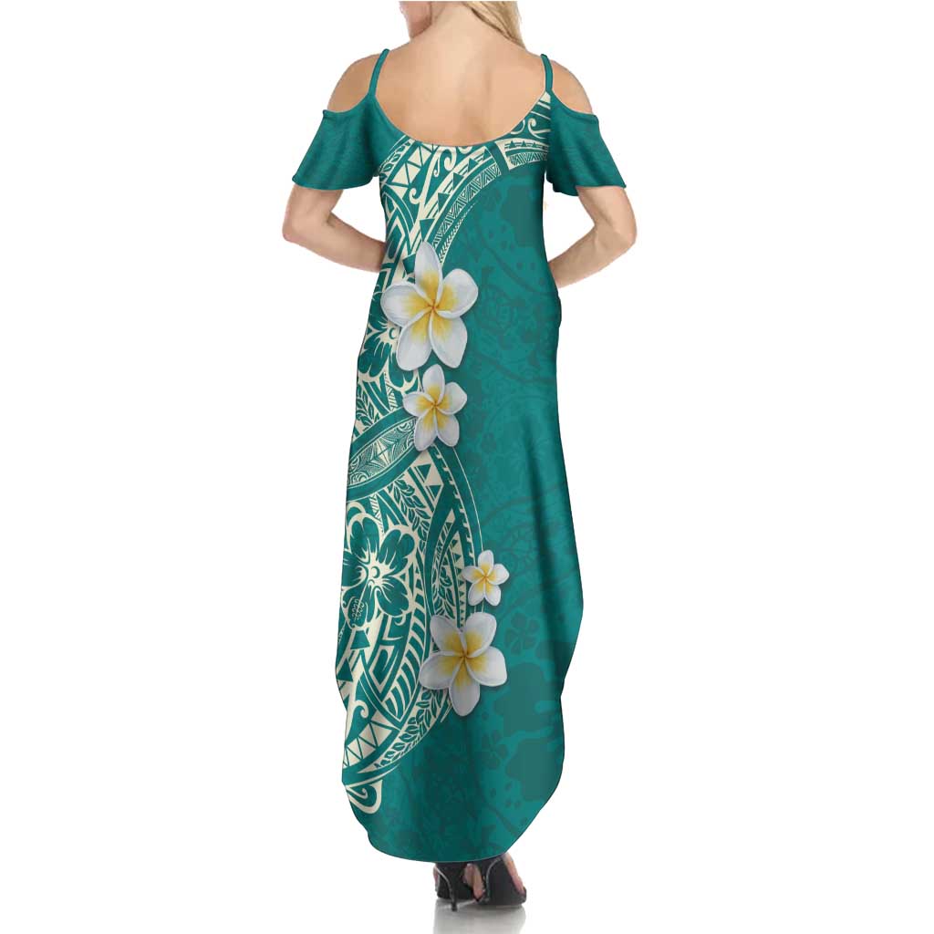 Plumeria Summer Maxi Dress Polynesian Tribal Frangipani Teal LT03 - Polynesian Pride