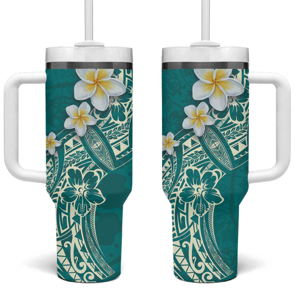 Polynesian Tattoos Frangipani Tumbler With Handle Hibiscus Turtles and Tribal Motifs Vintage Floral - Teal Color LT03 One Size: 40 oz Teal - Polynesian Pride