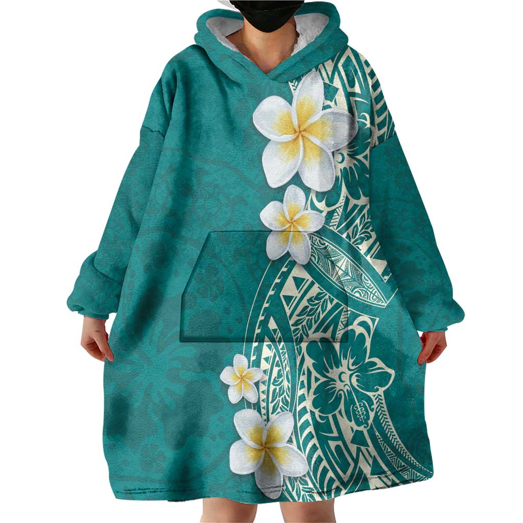 Plumeria Wearable Blanket Hoodie Polynesian Tribal Frangipani Teal LT03 - Polynesian Pride